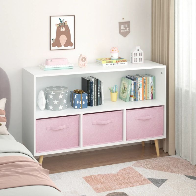 White Bookcase Collapsible Cabinet Drawers Display Book With 's Storage Fabric Pink Toy Organizer_voghion.com