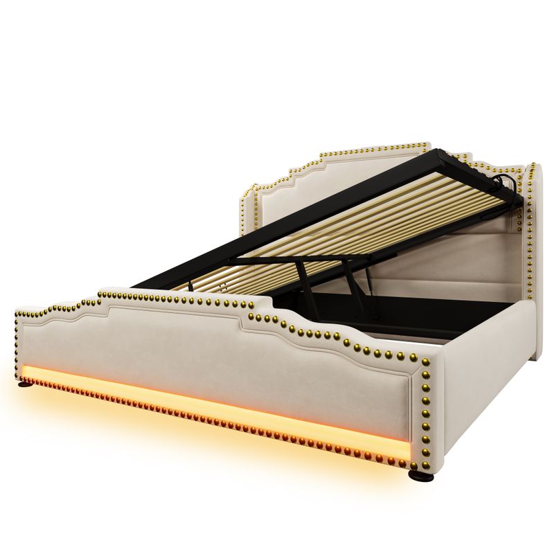 Lit double 140 x 200 cm avec coffre hydraulique, éclairage LED et port de charge USB-C, lit coffre avec sommier à lattes, velours beige, matelas inclus_voghion.com