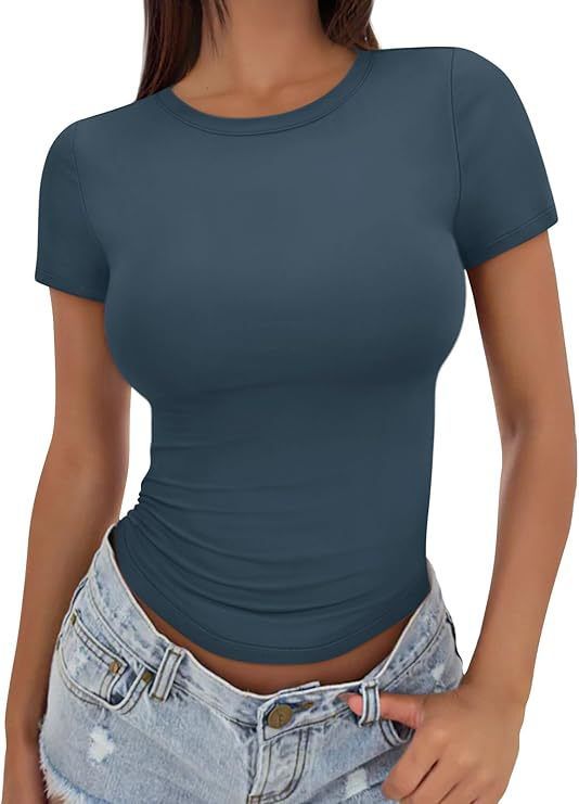 2025 Casual Summer Versatile Tight High Round Neck T Shirt Short Sleeve Slim Fit Hot Girl European And American Tops_voghion.com