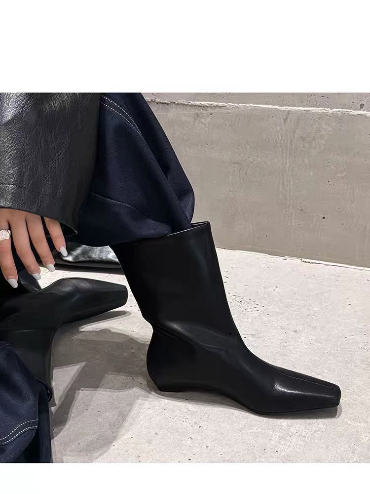 Bottes d'équitation Zees style coréen, bout carré, plates, mi-mollet, courtes, polyvalentes et élégantes, tige fine et large, pour femmes_voghion.com