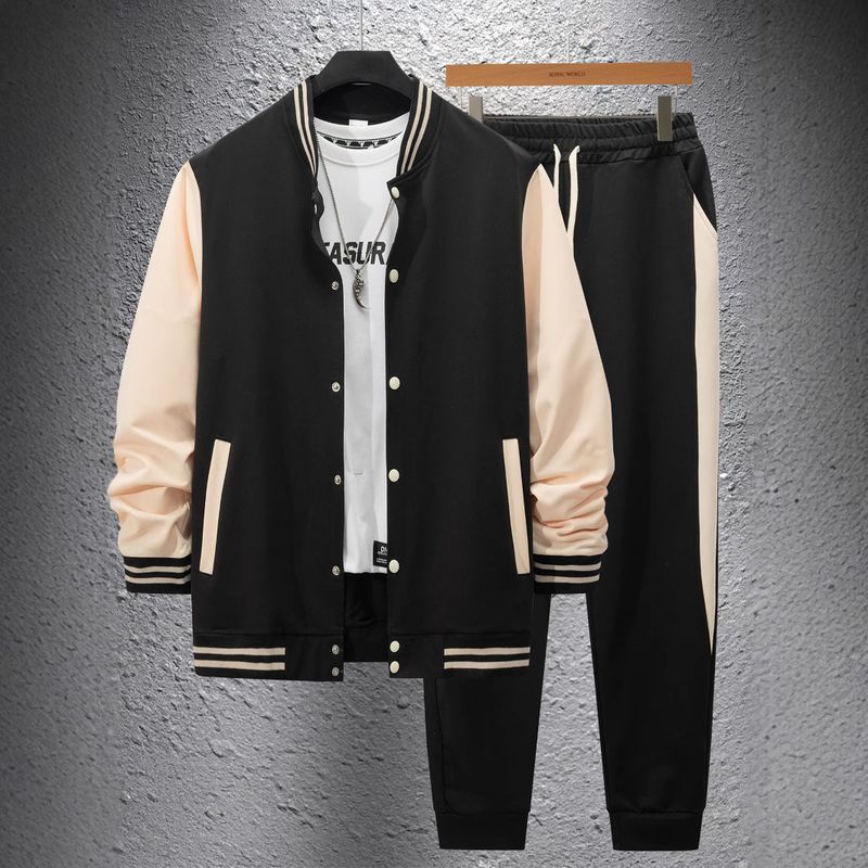 Autumn Winter New Baseball Jacket Casual Versatile Men's Cardigan Coat Color Block Sports Pants Set_voghion.com