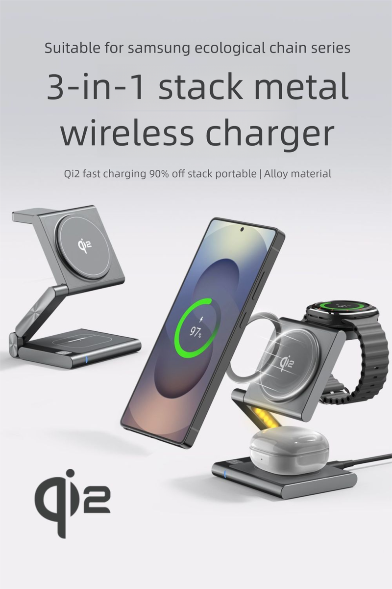 QI2-zertifiziertes multifunktionales 3-in-1-Wireless-Ladegerät, magnetischer, faltbarer Ständer, kompatibel mit Samsung-Telefonen_voghion.com