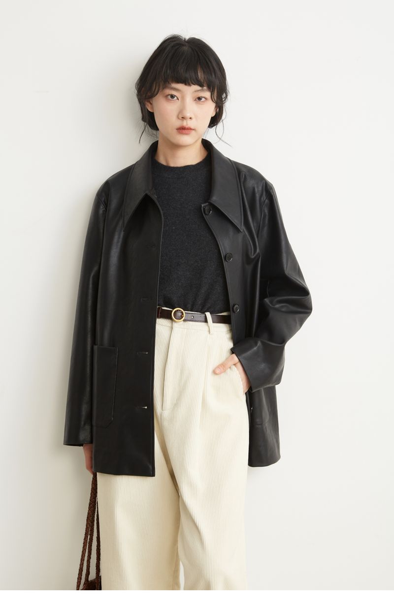 Schwarz für Damen, 2024 Herbst neuer Style, cool und lässig, kleiner spitzer Kragen, umweltfreundliches Ledertop_voghion.com