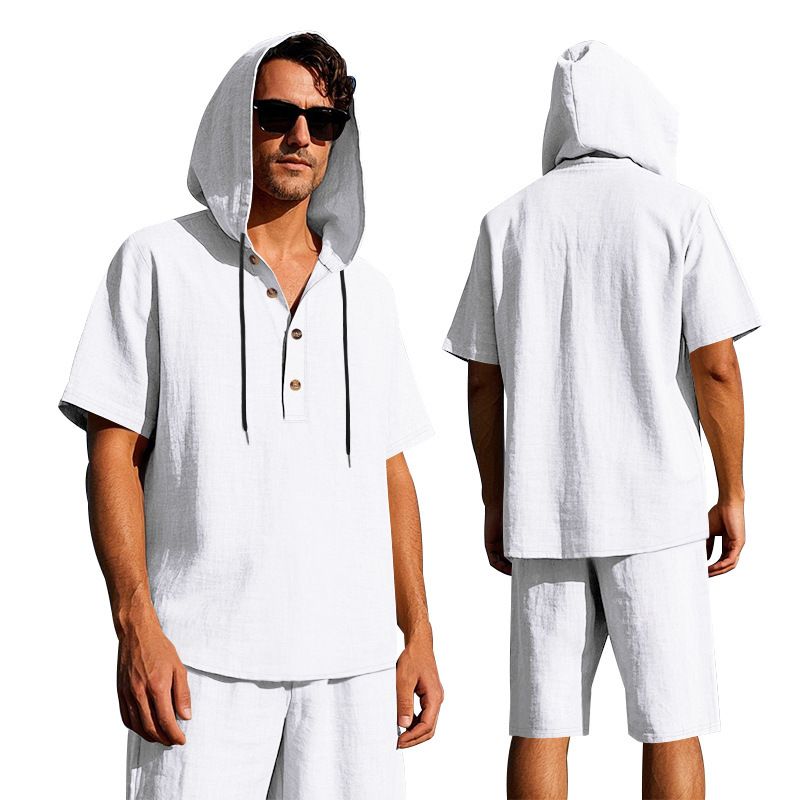 Completo da uomo in lino con camicia e pantaloncini - Completo casual estivo da spiaggia a maniche corte con vestibilità ampia_voghion.com