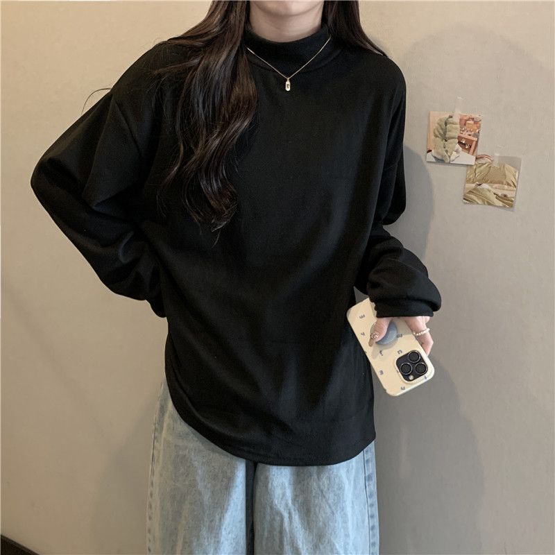 2024 Herbst/Winter Neue Halbhohe Kragen Langarm für Frauen, Lose Vielseitig, mit Dicken Innen und Deutsch Samt Basis_voghion.com