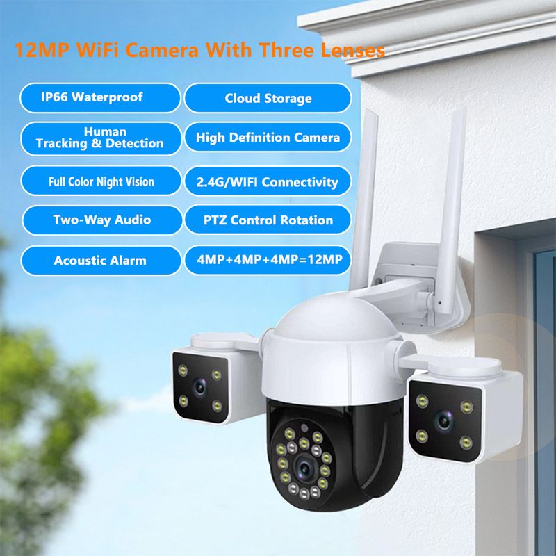 QD22 Three-screen Surveillance Camera WiFi Version Three-eye Ultra-high-definition Outdoor Waterproof Panoramic_voghion.com