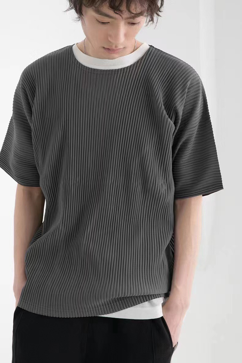 T-shirt décontracté à manches courtes et col rond pour homme, style maison, plissé, ample, tendance, JK020_voghion.com