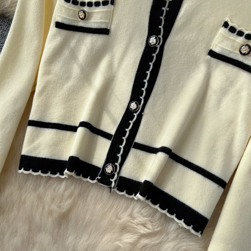 Elegante, tweedelige gebreide set voor dames - chique ronde hals, lange mouwen en mouwloze kokerjurk (beige/zwart, één maat)_voghion.com