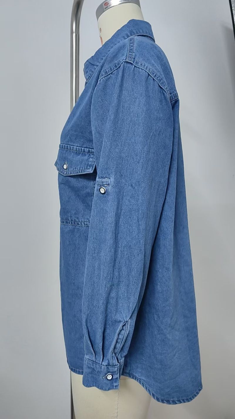Camicia in denim con maniche regolabili effetto vintage per donna – Top casual oversize con dettagli rovinati (azzurro chiaro, blu scuro) – S/M/L/XL_voghion.com