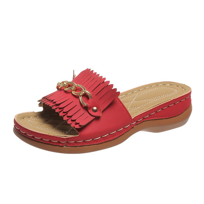Strandpantoffeln mit Metallschnalle und dicker Sohle sowie Quaste für den Sommer, übergroße Sandalen mit schrägem Absatz für Damen_voghion.com