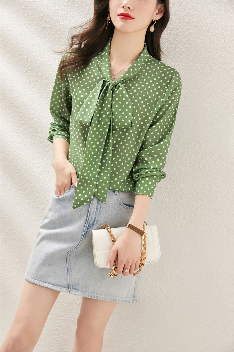 Camicia da donna a maniche lunghe con fiocco primaverile, camicia in chiffon allentata stile primaverile e autunnale_voghion.com