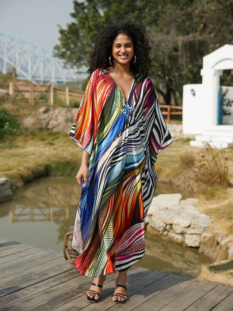 Women's Clothing Printed Holiday Loose Large Size Long Skirt Beach Dress Robe Bikini Blouse_voghion.com