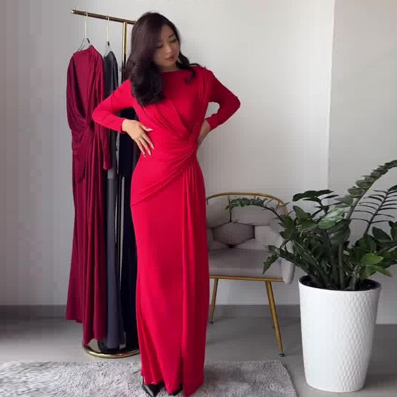 Women's Clothing Sexy Fashion Round Neck Pleated Waist Slim Fit Solid Color Temperament Dress_voghion.com