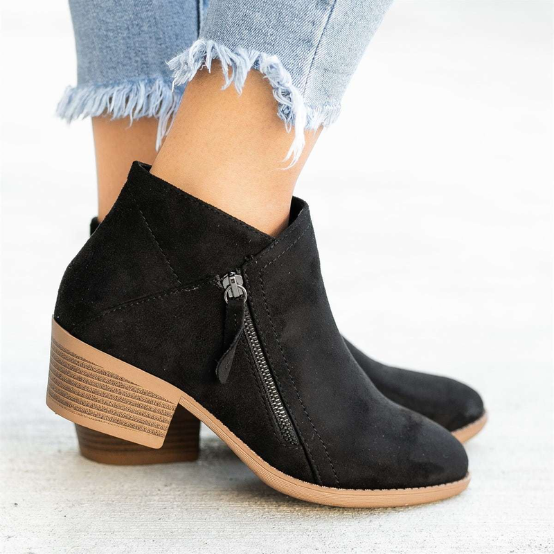 2023 automne nouvelles bottes pour femmes européennes et américaines bout rond fermeture à glissière latérale talon épais bottes en cuir pour femmes grande taille mode couleur unie_voghion.com
