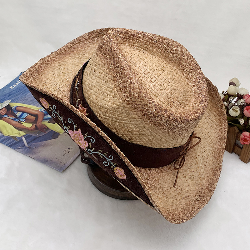 Handgewebter Cowboyhut aus Raffiagras mit Sonnenschutz und gerolltem Rand, bestickter Strohhut_voghion.com