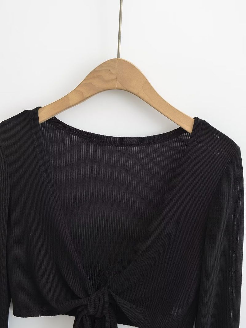 2025 Tie Up Sexy Base Shirt Style Women's Wear Leaky Umbilical Cross T-shirt Trumpet Sleeve Top_voghion.com