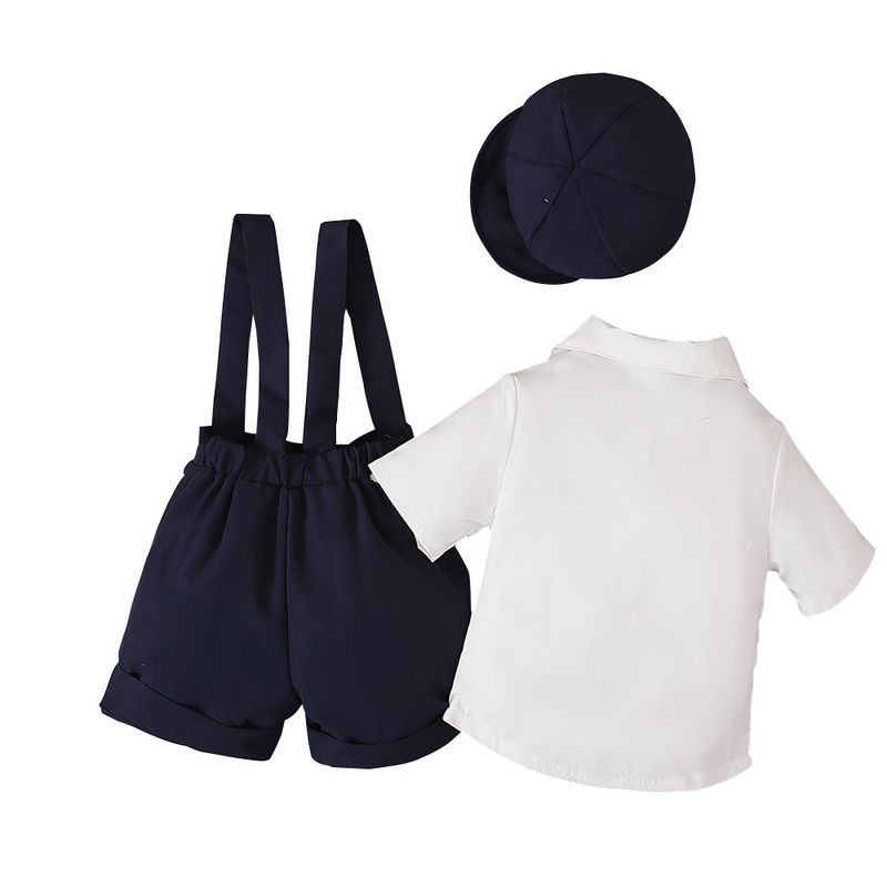 Mother & Kids Boys summer gentleman suit short-sleeved shirt bow tie collar + suspender shorts + hat three-piece children's clothing ins_voghion.com