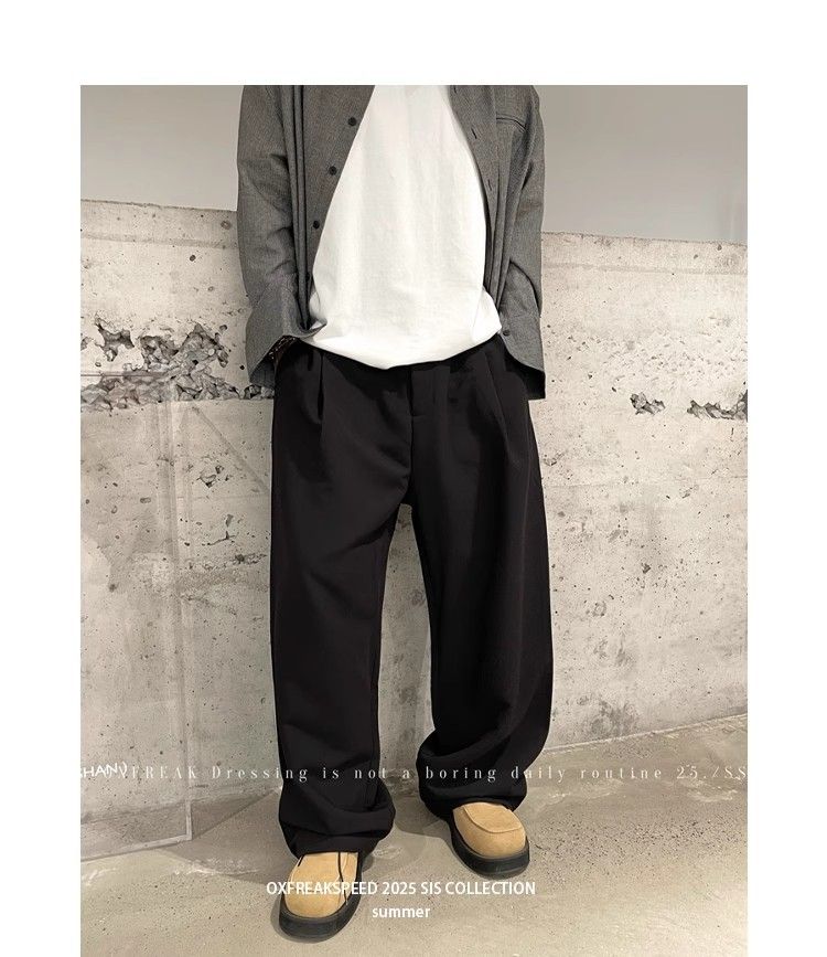 Pantaloni larghi da uomo, bianchi, a pieghe singole, in tessuto antirughe e drappeggiato, stile casual, Lao Qianfeng_voghion.com