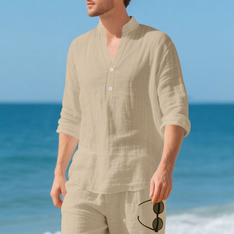 Maglietta a maniche lunghe con scollo a V in lino traspirante per uomo - Vestibilità rilassata, comfort casual, essenziale per l'estate_voghion.com