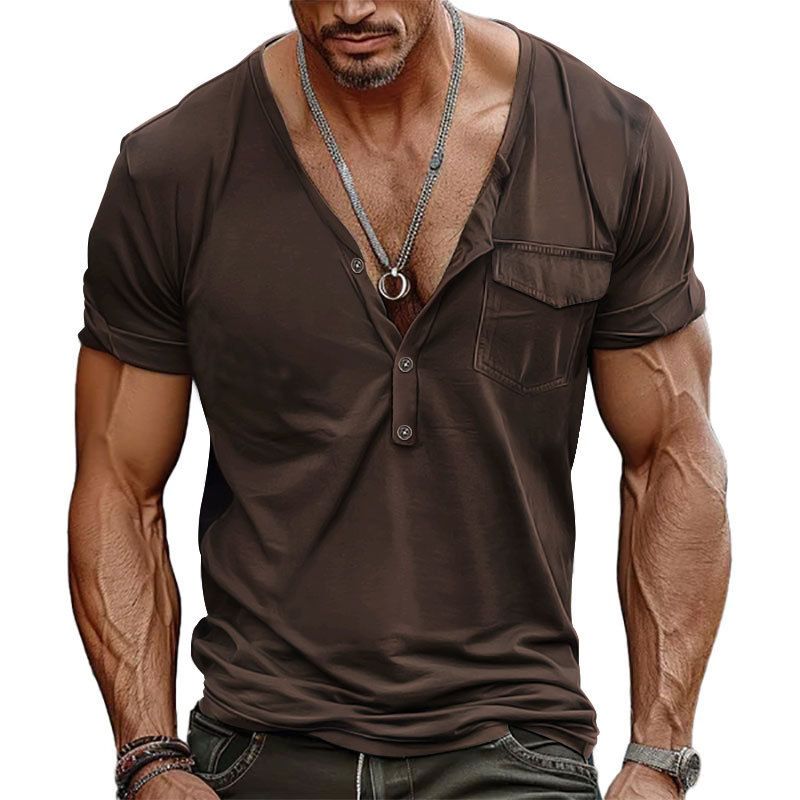 Unbeatable Quality Men's Solid Color Plus Size Casual Short Sleeved Henry Top T-shirt Men's Shirt_voghion.com
