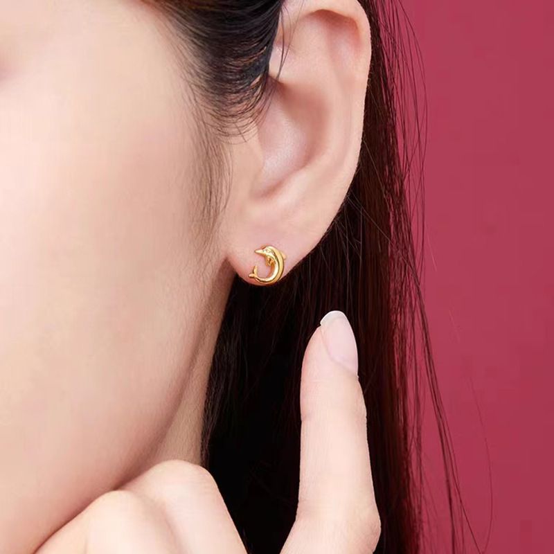 Orecchini a bottone con delfino d'oro e amore, design femminile, orecchini con gancio curvo, regalo in oro per la fidanzata, fabbrica all'ingrosso_voghion.com