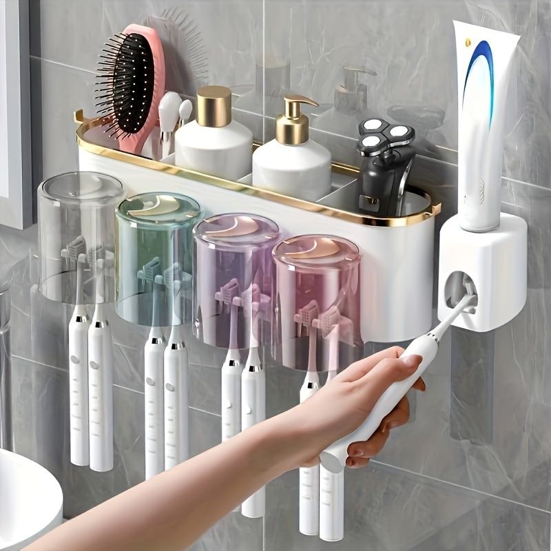 Portaspazzolino da bagno salvaspazio con dispenser di dentifricio a parete, portaspazzolino e bicchieri per gargarismi_voghion.com