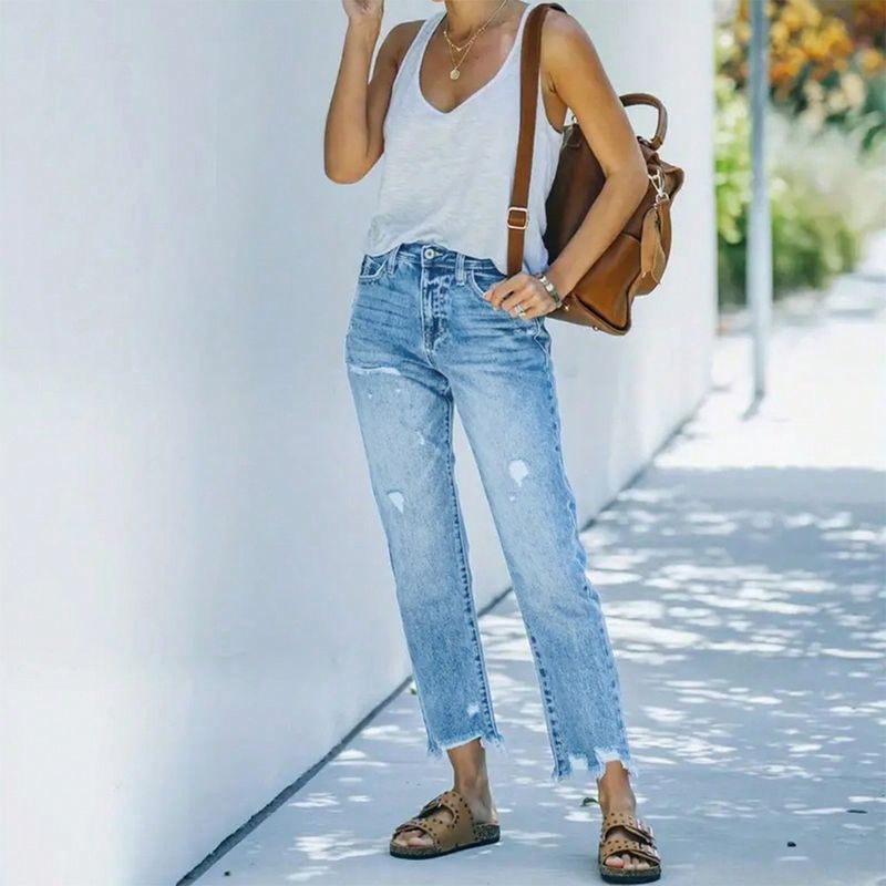 2025 Neue zerrissene lässige Neun-Punkt-Jeans mit gerader Passform für Damen_voghion.com