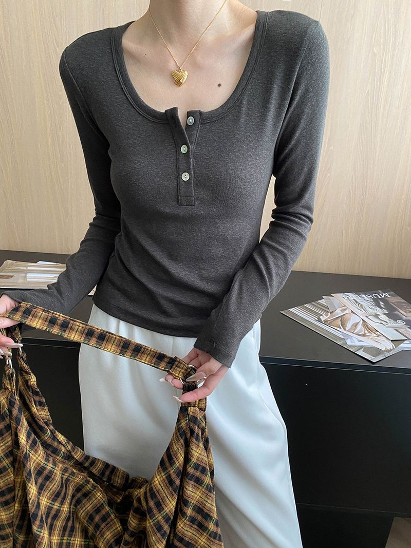 Women's Clothing Slim Fit Long Sleeve Henley Shirt With Button Placket - Breathable Cotton Blend, Casual & Office Wear_voghion.com