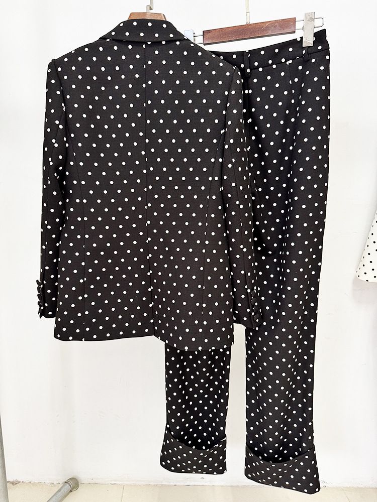 Completo da donna con giacca e pantaloni a due pezzi, con fiocco e decorazione a stella, a pois_voghion.com