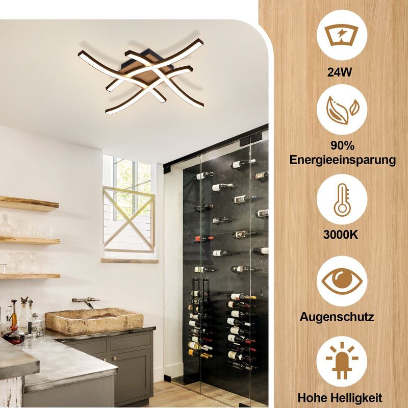 Glitzerlife Deckenlampe LED Deckenleuchte Schwarz- 24W Holz Wohnzimmerlampe 3000K Warmweiß Modern Metall Design Schlafzimmerlampe Für Flur Büro Küche Esszimmer_voghion.com