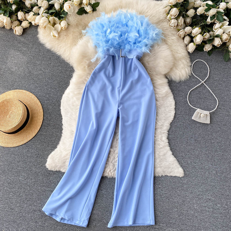 High-End-Nischen-Design, pelziger Overall mit Röhrenoberteil, Damen-Sommer-Neue, lockere, gerade Hose mit weitem Bein_voghion.com
