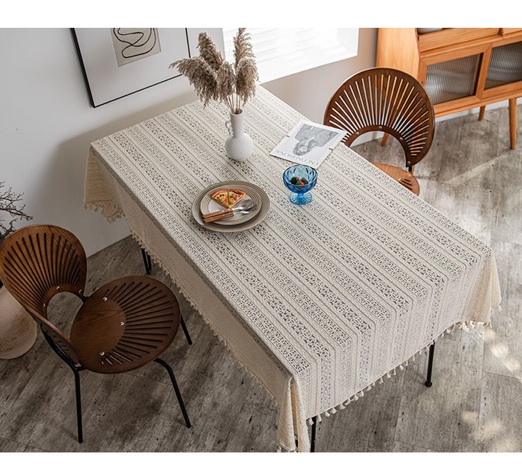Holle witte kanten tafelkleed, katoenen en linnen stoffen decoratie achtergrond tafelkleed salontafel kwastje hoes handdoek_voghion.com