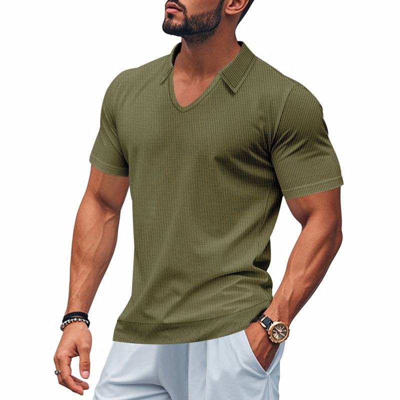 American Summer New Product Herren Schlichtes Casual V-Ausschnitt Design Lockeres Trendy Poloshirt Kurzarm Herren_voghion.com