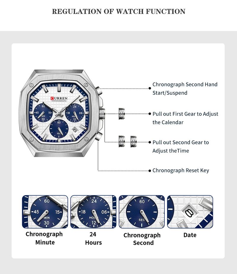 CURREN Orologio cronografo da uomo in acciaio inossidabile con quadrante quadrato e data, design di ispirazione vintage, al quarzo_voghion.com