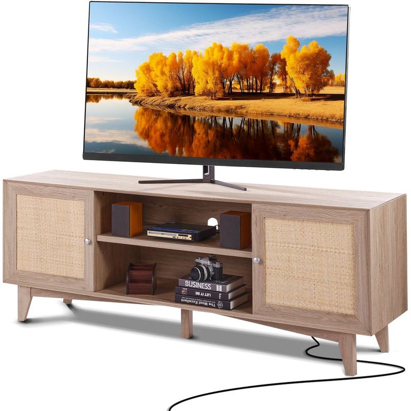 VEVOR Rattan TV Stand, Mid Century Modern TV Stand For 75 Inch TV, Boho Rattan TV Cabinet With Build-in Socket And USB Ports, Adjustable Shelfs For_voghion.com