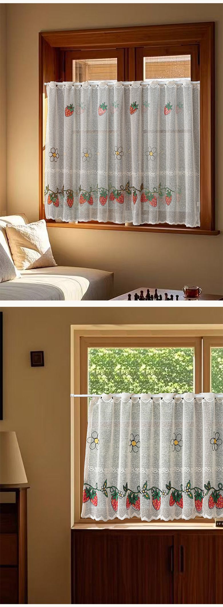 Lemon & Strawberry Embroidery Sheer Curtains - No Drill Cafe Curtains, 100% Polyester, Light Filtering & Dustproof Tier Curtains_voghion.com
