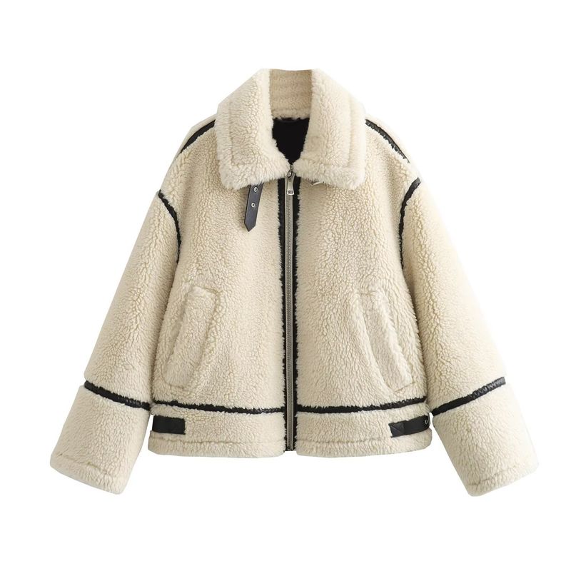 Blouson aviateur en fausse peau de mouton pour femme avec doublure polaire douillette, élégant manteau d'hiver zippé pour un style décontracté et streetwear, léger et chaud_voghion.com