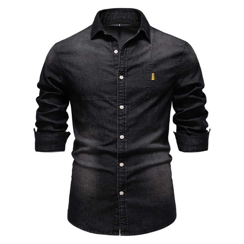 Jeanshemd für Herren – Klassische Langarm-Arbeitskleidung aus Baumwoll-Chambray, sandgewaschen und vorgeschrumpft (15 Farben von Mitternachtsschwarz bis Vintage-Blau)_voghion.com