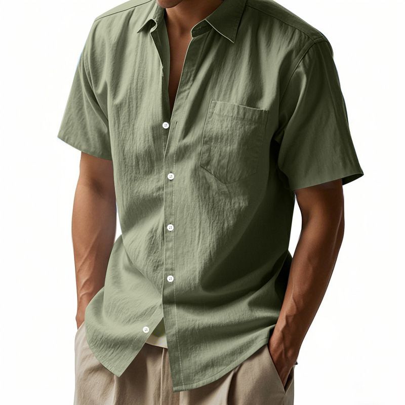 Herrenbekleidung Leinen Lose Casual Revers Casual Kurzarmhemd_voghion.com