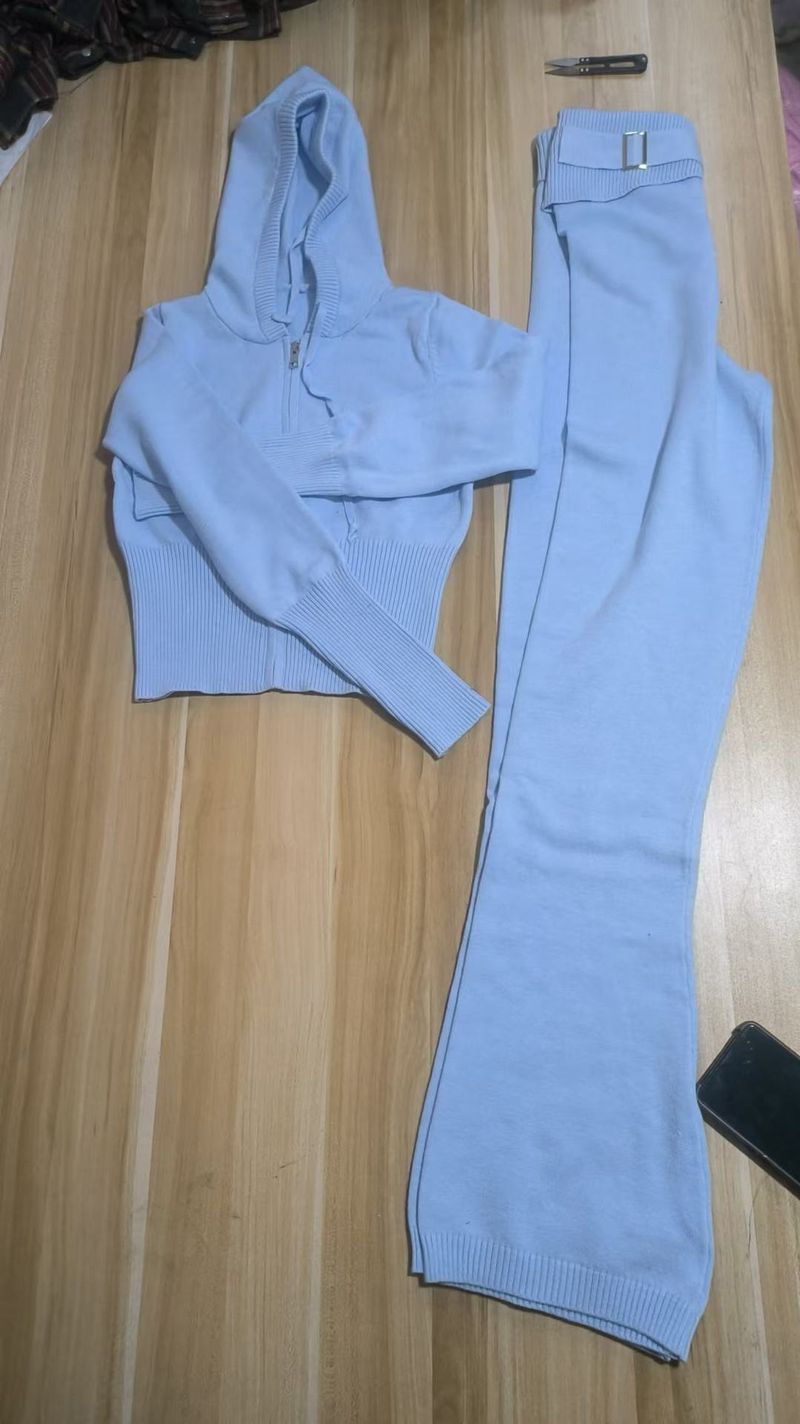 Women's Knit Hooded Two-Piece Set Fashionable High-Waist Long Sleeve Top & Pants Outfit Streetwear Casual Comfortable Loungewear_voghion.com