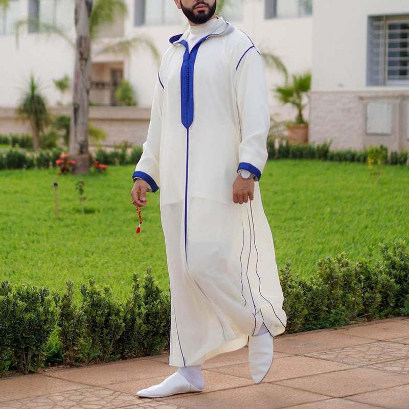 Ανδρικά ρούχα Slim-fit Μουσουλμανικό λευκό απλό πουκάμισο ανδρικής ρόμπας_voghion.com