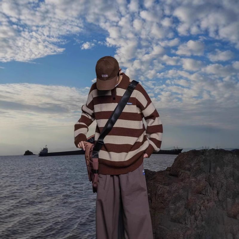GSOON Men's Autumn/Winter New 800G Arctic Cotton Cashmere Color Blocked Striped Thick Knitted Sweater B_voghion.com