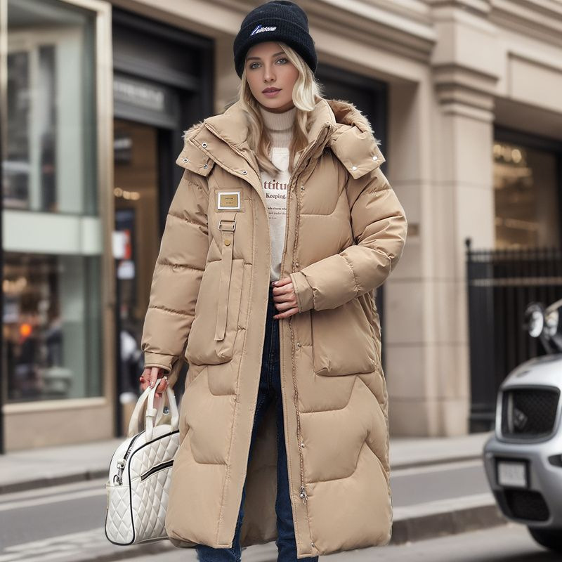 Damen Steppjacke mit abnehmbarer Kappe, mittellang, über dem Knie, verdickte warme Jacke_voghion.com
