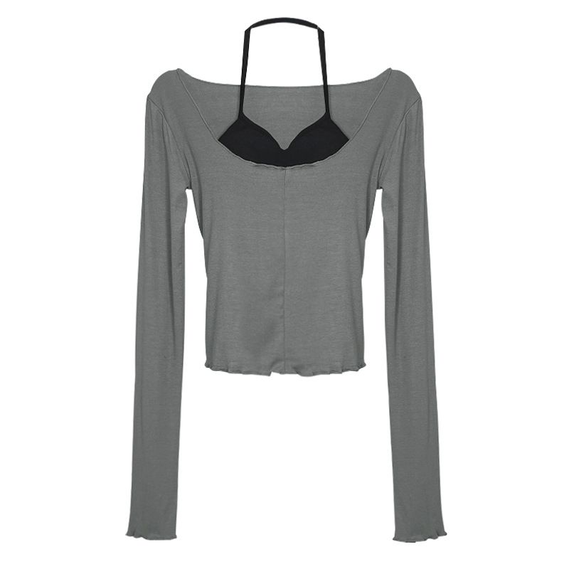 Korean Dongdaemun Pure Desire Style Sexy Slim Fit With Pad Show Chest Halter Neck Strap + Slightly Transparent T-shirt_voghion.com