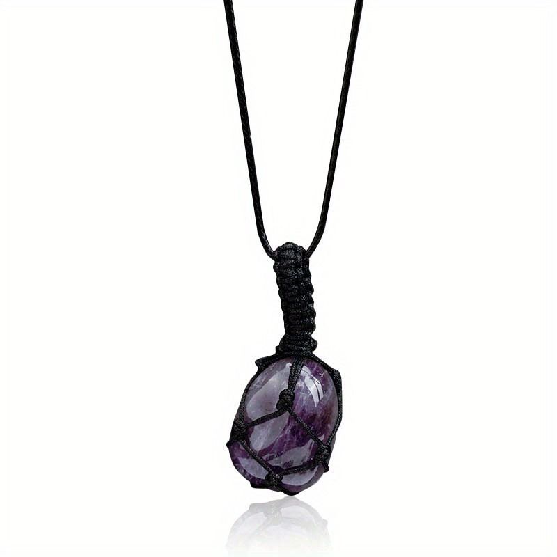 Hand-Woven Amethyst & Agate Pendant Necklace - Irregular Raw Stone Woven Net Bag Sweater Chain For Boho & Hippie Style (18")_voghion.com