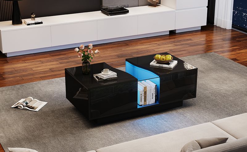 Table basse moderne à LED avec 2 tiroirs, 100 x 50 x 35 cm, plateau en acrylique noir brillant avec éclairage LED, table d'appoint en MDF pour salon et chambre._voghion.com