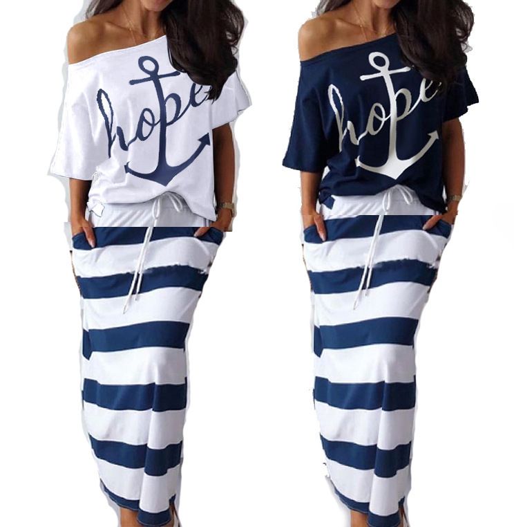 Completo due pezzi da donna, monospalla, stile blu navy, con gonna stampata e ancora, per donna_voghion.com