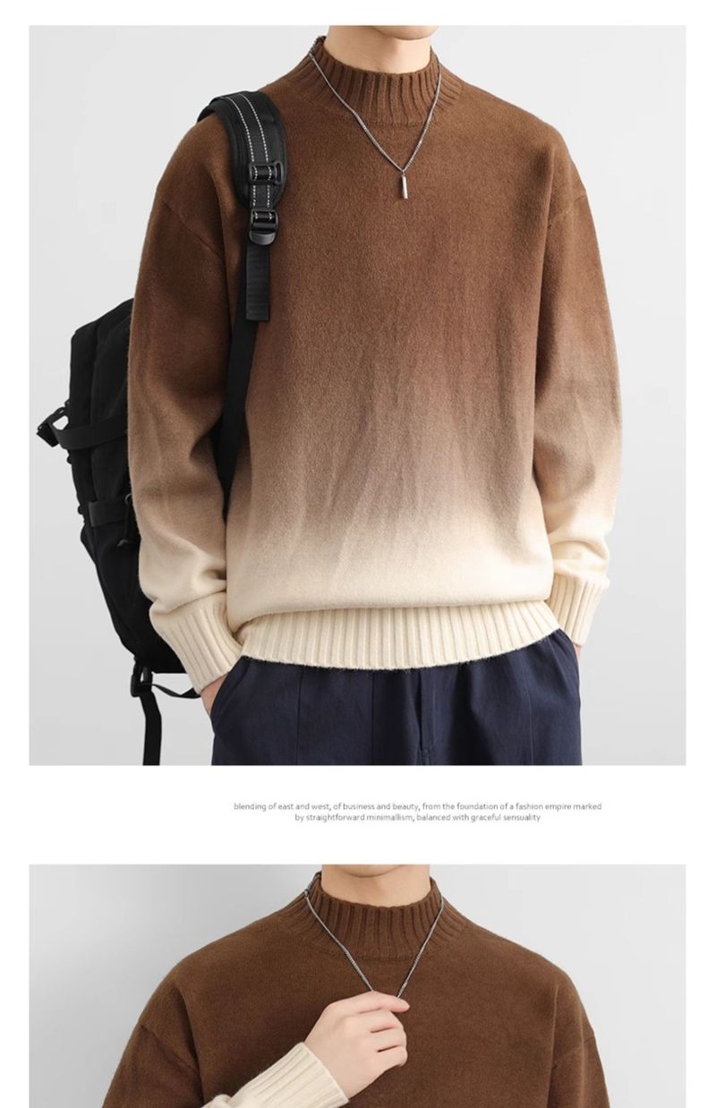 Herren-Strickpullover mit Ombré-Muster – Halbrollkragen, lockere Passform, Stretch-Polyestermischung (Armeegrün/Blaugrau/Beige/Dunkelgrün/Chinarot)_voghion.com