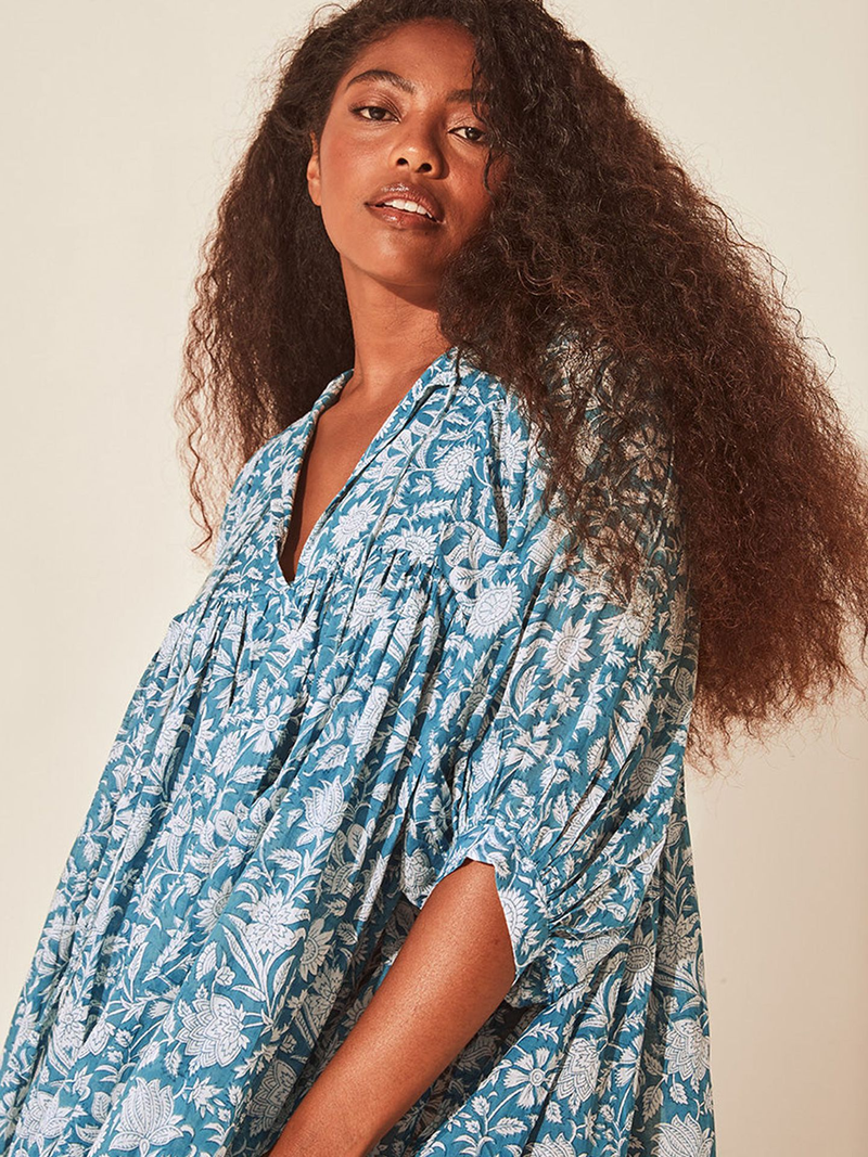 Abito da donna in cotone casual allentato con cravatta a fiori frammentati_voghion.com