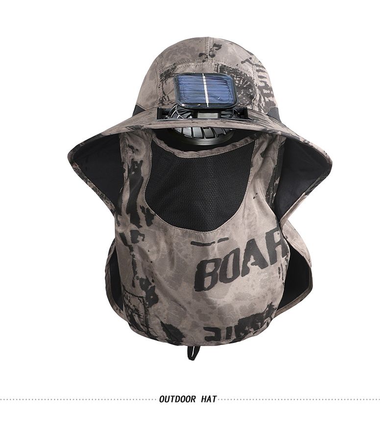 Sonnenhut Herren Sonnenhut mit großer Krempe, Solarventilator, starker Wind, wiederaufladbar, Schal, Nackenschutz, Bergsteiger-Angelhut_voghion.com